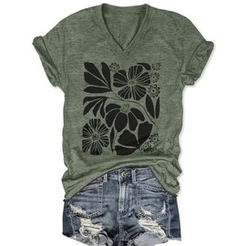 Women's Floral T-Shirts V-Neck Wildflowers Graphic Tees Boho Tops Summer Casual Hawaiian Beach Vacation T Shirts (Green4, M)