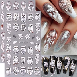 Owl Embossed Nail Art Stickers 10PCS Autumn Winter Nail Decals 3D/5D Owls Feather Peacock Fall Flower Design Dream Catchers Acrylic Nail Stickers Self-Adhesive Manicure Decor Supplies for Women