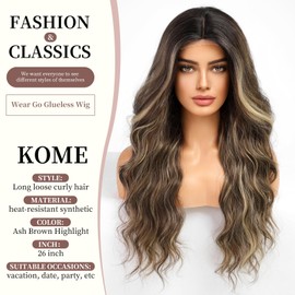 KOME Glueless Lace Front Wigs for Women,Brown Balayage Put On Go Lace Front Wig,Middle Part Synthetic Wig for Daily Party Use 26IN