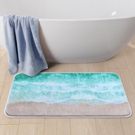 Britimes Bath Mat for Bathroom Beach Ocean Natural Shaggy Bathroom Mat Non Silp Water Absorbent Bath Rug Soft Washable Floor Rug White Green Summer for Tub Showers Laundry Room Decor