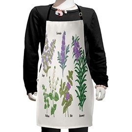 Ambesonne Herb Apron, Botanical Infographic with Sage Melissa Lavender Mint and Rosemary Plants, Small Apron Bib with Adjustable Ties for Baking Painting, Small Size, Coconut and Multicolor
