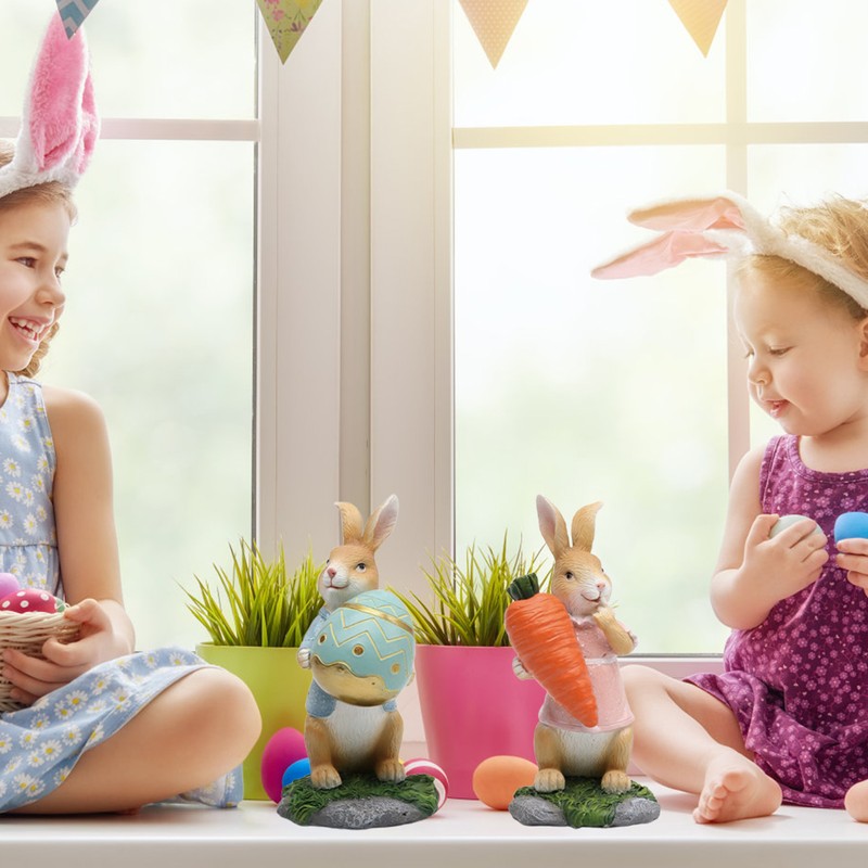 Easter Bunny Figurines with Carrot Cute Resin Bunny Rabbit Statue