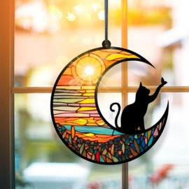Black Cat Suncatcher Memorial Ornament, Acrylic Cat Lover Gifts for Women, Black Cats and Moon Memorial Gifts, Suncatchers for Windows Hanging, Decorations for Window, Homes Decor (Sunset, L)