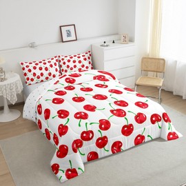 jejeloiu Girls Cherry Bedding Set Full Size Kawaii Oriental Cherry Duvet Set for Boys Girls Teens Cute Fruit Comforter Breathable Soft Lightweight Microfiber Room Decor Duvet Quilt