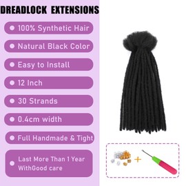 SHIHERESH 30 Strands Dreadlock Extensions Synthetic Hair 12 Inch 0.4cm Width SE Dreads Loc Reggae Hippie Handmade Permanent loc Extensions Bundles for Women/Men (1B, 12inch)