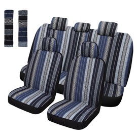 Pariitadin Baja Saddle Blanket Car Seat Covers Full Set with Seat Belt Pads, Washable Breathable Striped Woven Cloth Seat Covers for Cars Interior, Universal Fit Most Cars, Airbag Compatible, Blue