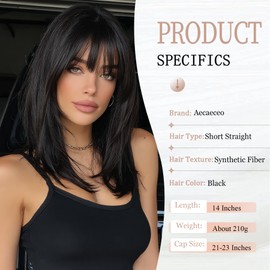 Aecaeceo Black Wig with Bangs Black Bob Short Wigs for Women Synthetic Wig Straight 14 Inches Natural Hair Wig Layered Hair Replacement Wigs for Cosplay Holiday Daily Party Use