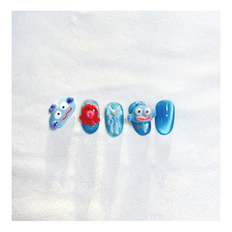 [Premium handmade embossed nails] Fish and octopus - Long Oval