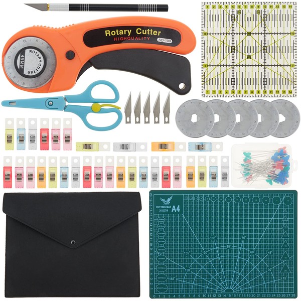 Rotary Cutter Set Acemall 96 PCS Quilting Kit 45mm Fabric Cutters Set with 5 Extra Cutters A4 Cutting Mat Acrylic Quilting Ruler, Perfect Set for Cutting Fabric, Paper, Leather, Cloth