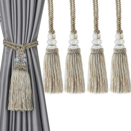 HedongHexi 4 Pack Curtain Tiebacks with Tassel, Outdoor Elegant Decorative Curtain Holdback,Modern Rope Window Curtain Ties Backs for Draperies with Hooks (4, Mix Blue)