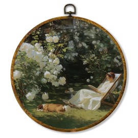 Hiuwevt Vintage Garden Round Wall Art Decor, Rustic Botanical Floral Framed Canvas Prints, Retro French Country Round Wall Hanging Decor for Living Room Home Decorations, 10x10 Inches