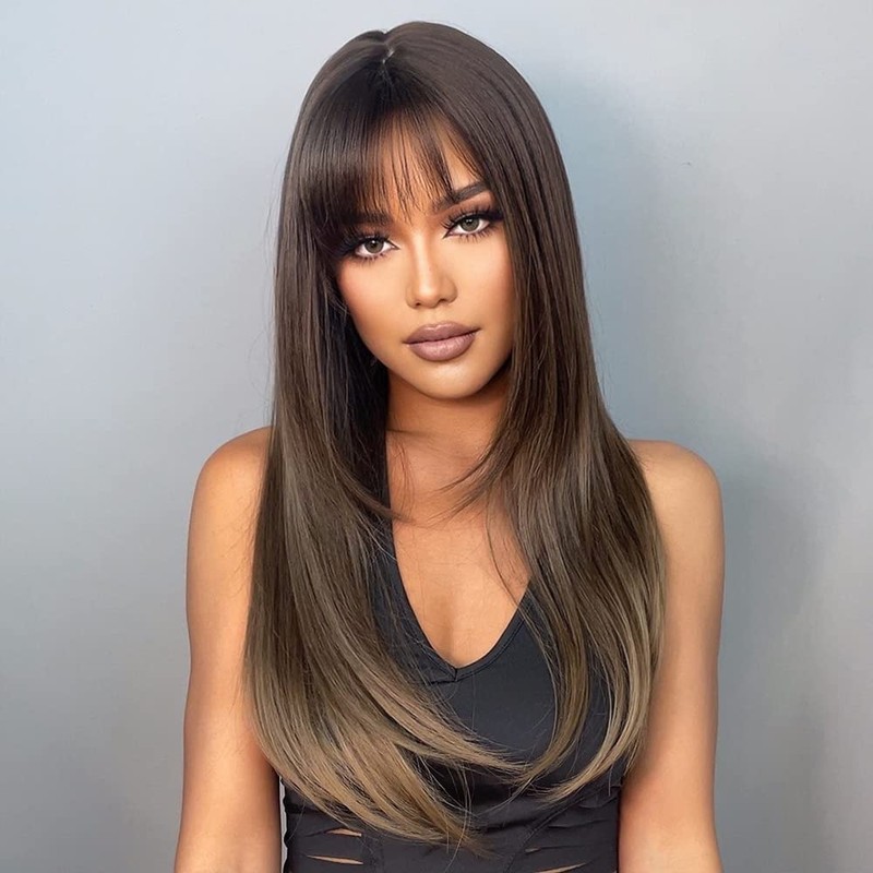 HAIRCUBE Brown Wig with Bangs Long Straight Wigs for Women