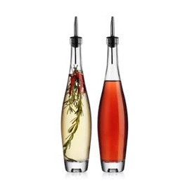 Home to Table Elegant Set of 2 14oz Teardrop Oil and Vinegar Cruet Dispenser Bottles Clear Glass- Stainless Steel Jigger For Easy Flow