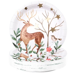 WRAPAHOLIC 25Pcs Christmas Paper Plates - 9 Inch Gold Foil Forest Reindeer Disposable Plates Decorative Dinner Plates for Christmas Party Tableware Supplies Table Decor