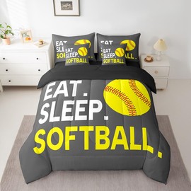 Feelyou Softball Comforter Set with Sheets Queen Size Grey Sports Game 7 Pieces Bedding Set Softball Gaming Bed in a Bag for Kids Boys Girls Teens Gift for Softball Lover Bed Set