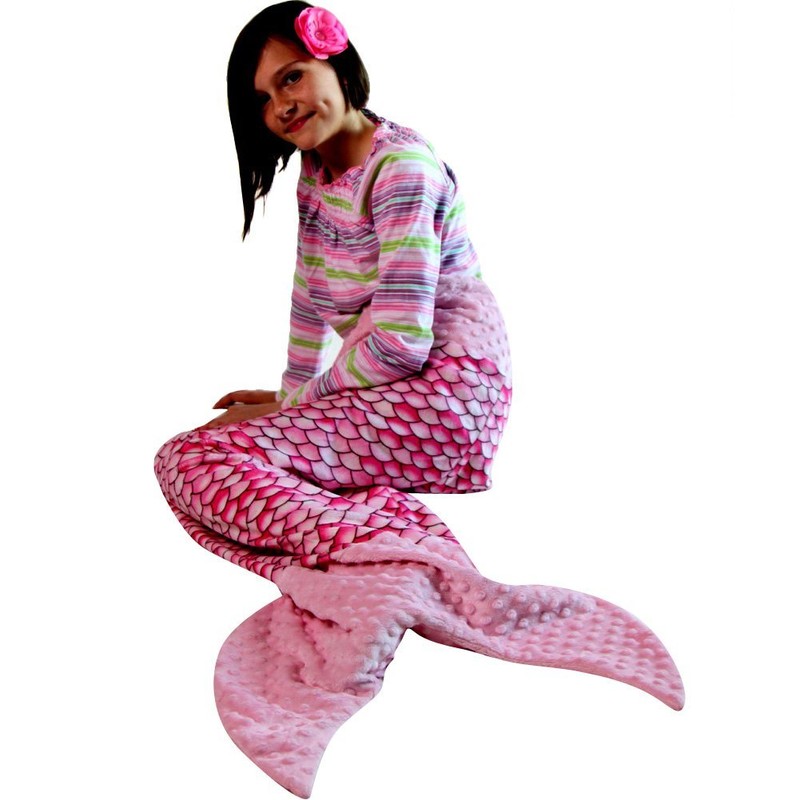 Girls Pink Scales Minky Dot Velboa Mermaid Tail Blanket 47"
