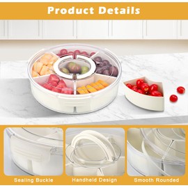 Hejo Round Snack Box with Compartments, Snack Storage Box, Snack Plate, Snack Bowl with Lid and Handle, Portable Snack Box, Multifunctional Snack Container for Party, Families (30 x 30 x 7.5 cm)