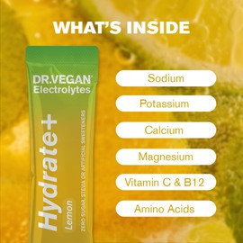 DR.VEGAN Hydrate+ | Hydration Sachets, Zero Sugar Electrolyte Powder | Informed Sport Rehydration Sachet with No Artificial Preservatives | Full Spectrum Electrolytes (15 Sachets, Lemon)