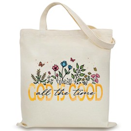 GiftYou Faith-Inspired Canvas Tote Bag with Zipper Pocket - Bible Verse Reusable Grocery Bags for Christian (God is Good)