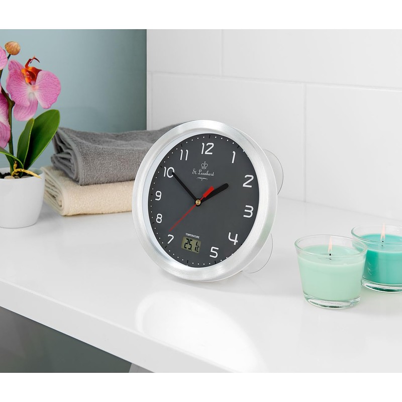 St. Leonhard Shower Clock: Bathroom Wall Clock with LCD Thermometer,