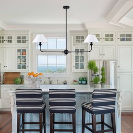 VANZARLA Modern Linear Chandelier, 2-Light Linear Kitchen Island Lighting Fixture with Off-White Fabric Shade, Rustic Pendant Light for Dining Room Bedroom