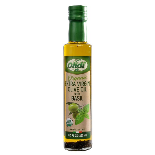 Olidi Basil Infused Extra Virgin Olive Oil 8.5 oz (Pack of 2) Product of Italy, Cold-pressed, 100% natural, heart-healthy cooking oil perfect for salad dressing, pasta, garlic bread, meats, or pan frying (2)