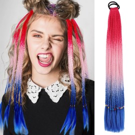 Colored Ponytail Braids Hair Extensions with Rubber Bands Red White Blue Ombre Pony Tail Synthetic Hairpieces 24 Inch Twist Braids Hair Accessories for 4th of July Parade Rave Crazy hair Day (1 Pack)