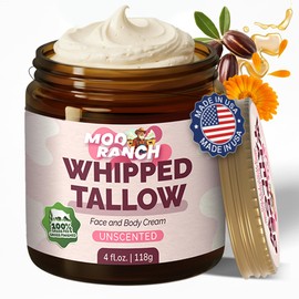 Moo Ranch Whipped Beef Tallow for Skin – Grass-Fed Tallow Balm Moisturizer with Jojoba Oil, Manuka Honey & Calendula – For Face, Lips, Hands & Body – For Dry or Sensitive Skin.