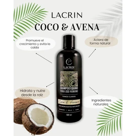 Shampoo Lacrin Coco & Avena. Shampoo de caballo para uso humano. Crecimiento, evita la caída y brillo. Cabello claro, 1 unidad, 1
