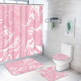 ArtSocket Pink and White Shower Curtain Set with Rugs, Marble Bathroom Set with Non-Slip Rug, Toilet Lid Cover, Bath Mat and 12 Hooks 72x72 inches Bathroom Decor 4 Pcs