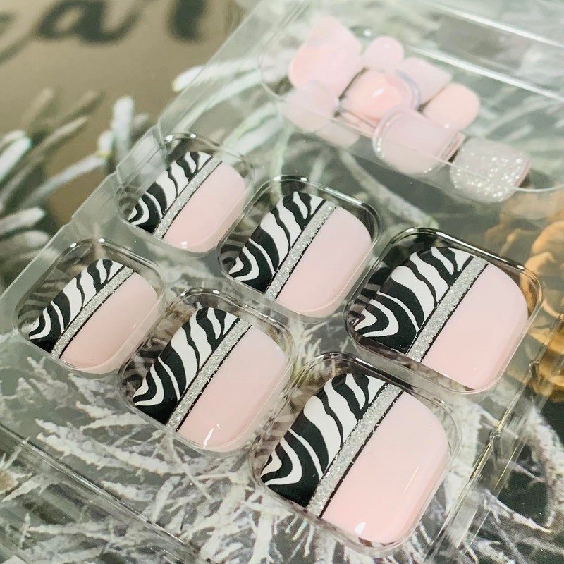Press on Toenails Coffin with Zebra Stripes Designs, Full Cover