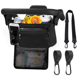 HOINCO Universal Baby Stroller Organizer，with Heightened Insulated Cup Holder,Detachable Phone Bag,Shoulder Strap and Mesh Bag，Fits Most Strollers.