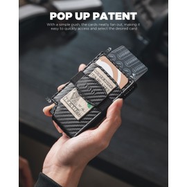 VULKIT Pop up Card Wallet with Money Strap Leather Front Pocket Card Holder with ID Window RFID Blocking Business Card Case for Men (Carbon Black)