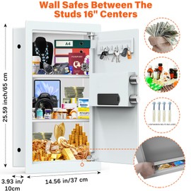 25.6" Tall Fireproof Wall Safes Between the Studs 16" Centers, Hidden Wall Safe with 2 Removable Shelf & Hidden Tray, Heavy Duty Wall Mount Safe for Money, Jewelry, Passport, Valuables(White)