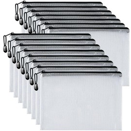 Taiyeestar Pack of 15 A4 Document Pockets, Black, Zip Bag, Mesh Bag with Zip, File Zipper Bag, Mesh Plastic Zip Bag for Documents, Cosmetics, Travel Accessories