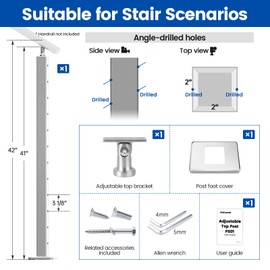 Muzata Stair Cable Railing Post 42 Inch for 25-35 Degrees Stair 42"x2"x2" Surface Mount Brushed T304 Stainless Steel Cable Railing System Kit Indoor Outdoor with Paper User Guide PS01 LA4L