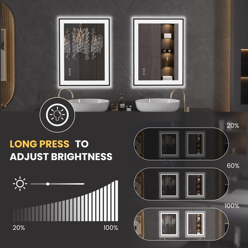 LOAAO 24"X32" LED Bathroom Mirror Black Framed, Anti-Fog, Dimmable, Lighted