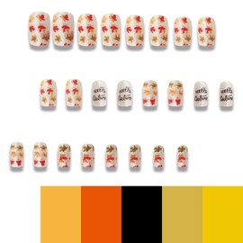 Thanksgiving Press on Nails Square Short Length Glossy Full Cover Acrylic Square False Nails with Maple Leaf Designs Artificial Autumn Leaves Fake Nails Holiday Glue ons Fingernails for Women(Y04)