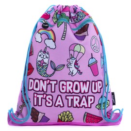 Fringoo - Kids Drawstring Bag - Front Zipped Pocket - Large Capacity Drawstring Bag - PE Bag - School - Gym - Swim - Doodle Pink Design