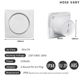 Hose Vary Bathroom Fan 100 mm, Quiet Extractor Fan 10 W 95 m³/h Window Fan Exhaust Air with Switch, Window Mounting Ring, EU Plug for Kitchen, Toilet, Bathroom