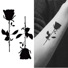 Oottati 2 Sheets Waterproof Small Cute Fake Hand Neck Wrist Temporary Tattoos Stickers 2pcs Black Rose Flower Thorns Totem
