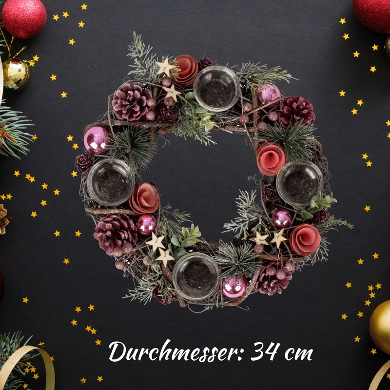 Christmas Advent Wreath Made of Multiple Materials Round with Pink/Green/Brown