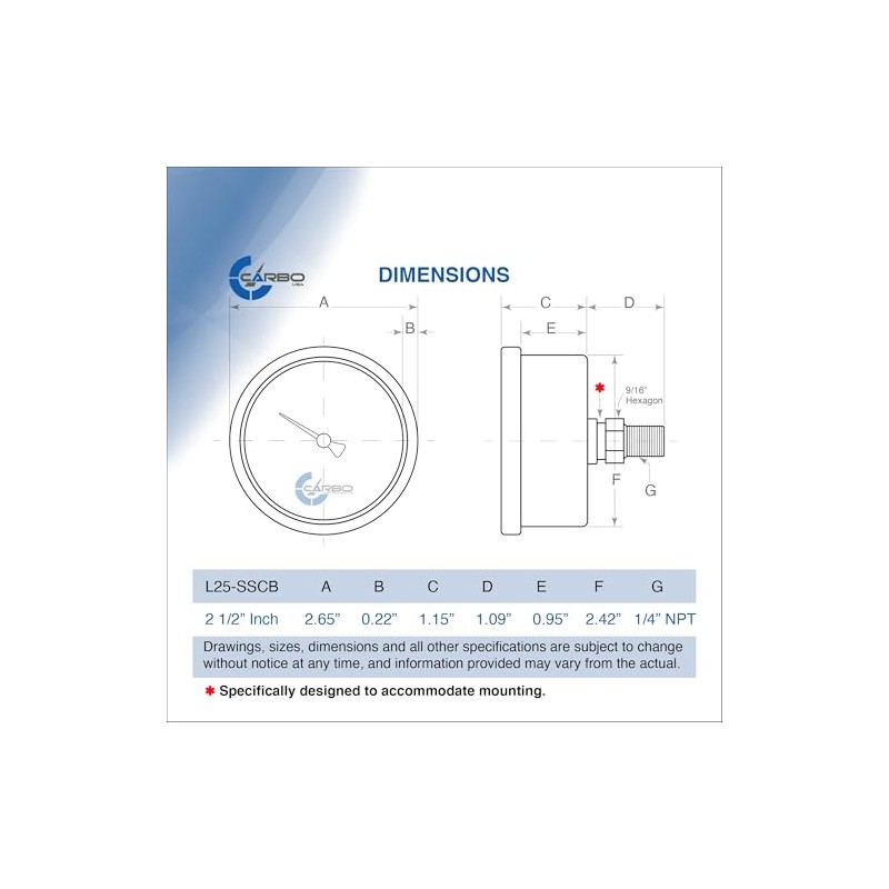 CARBO Instruments 2 1-2" Pressure Gauge, Stainless Steel Case, Chrome