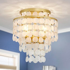 GlowEasely Modern Capiz Shell Chandelier Ceiling Light, Costal Design Close to Ceiling Light Fixture for Dining Room, Living Room, Bedroom, Hallway, Foyer, Gold Finish, 3*E12 Socket, D13*H15 inch