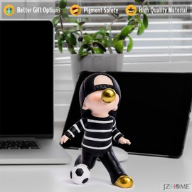 JZ·HOME Kids Figurines Home Decorations, Cute Boy Blowing Bubble Playing Football Statue Resin Small Sculpture Ornaments for Indoor Cool Tabletop Bookshelf Decor (Black)