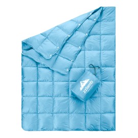zzlamb Packable & Lightweight Camping Blanket, Soft Travel Duck Down Throw Quilt 650 Fill Power, Compact Warm Down Lap Blanket for Couch Airplane Car Picnic RV Backpacking Beach, 50x77in Blue