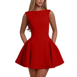 YMDUCH Women's Summer Sleeveless Crew Neck Backless A-line Mini Party Prom Dress Red