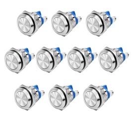 RUNCCI-YUN 10 pieces 3V-12V-220V 16 mm Momentary Metal Push Switch Screw Terminal Push Button Stainless Steel Horn Button Doorbell for Cars, Trucks, Ships, Doorbells, Ignition Systems (Flat Head)