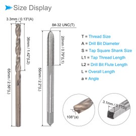 CoCud Tap and Drill Bit Set 8-32 UNC 2B Tap Thread 3.3 mm Drill Machine Screw Tap and Turn Drill Bit Device Kit - 1 Set