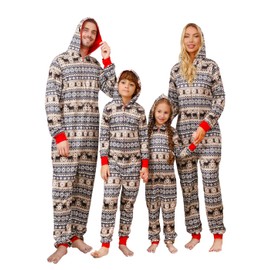 VNVNE Matching Christmas Onesie Pajamas Set for Family, Holiday Brown One Piece Christmas Tree Pjs Hooded Zipper Printed Sleepwear(Women,XL)